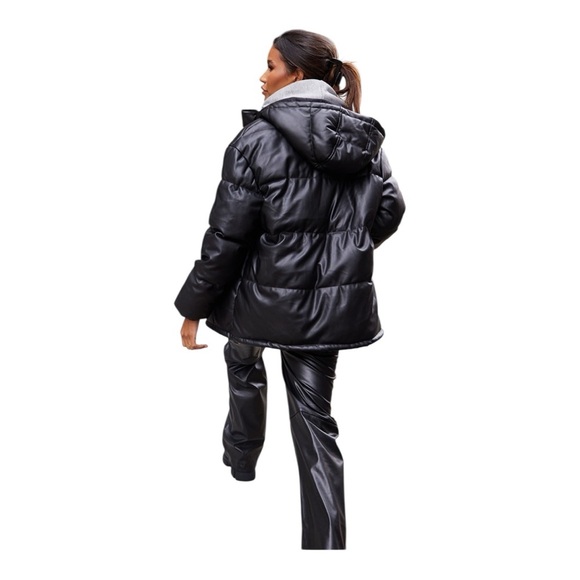 PrettyLittleThing Black Faux Leather Puffer Jacket – Size Large – NWT - Picture 3 of 6